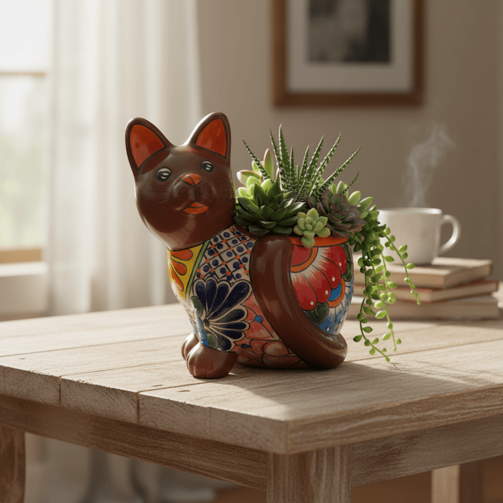 Handmade Cat Planter | Hand Painted Cat Talavera Artwork (Medium Size)
