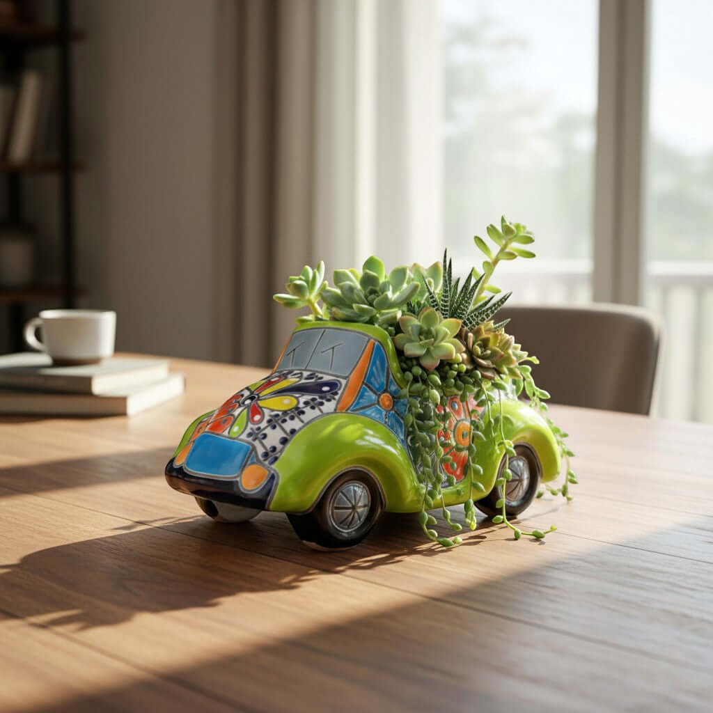 Colorful Hand-Painted Talavera Car Planter | Small Ceramic Car Statue