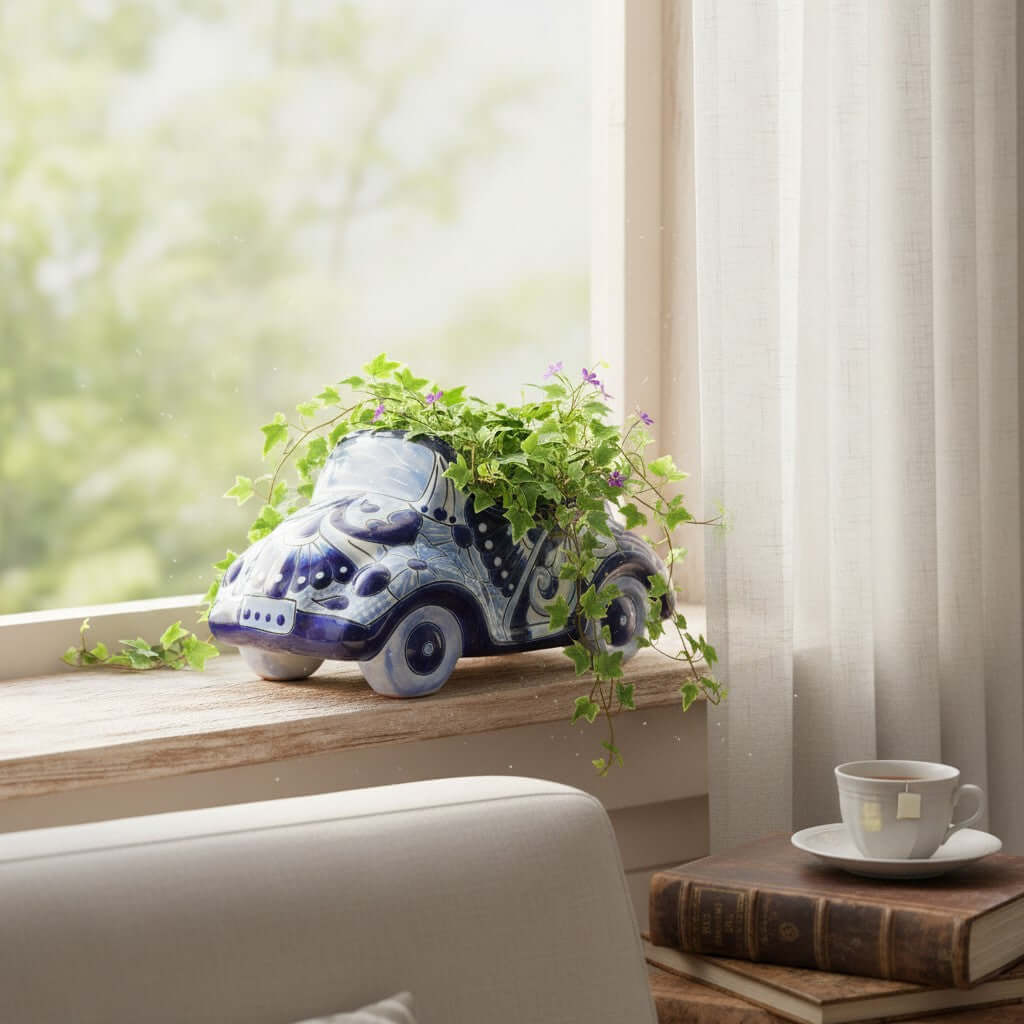 Talavera Car Planter | Small Blue & White Handmade Ceramic Pot