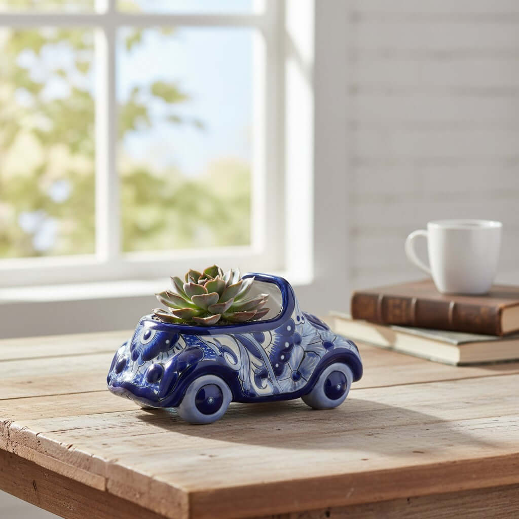 Talavera Car Planter | Small Blue & White Handmade Ceramic Pot