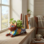 Talavera Cat Planter | Colorful Handcrafted Stretching Animal Pot