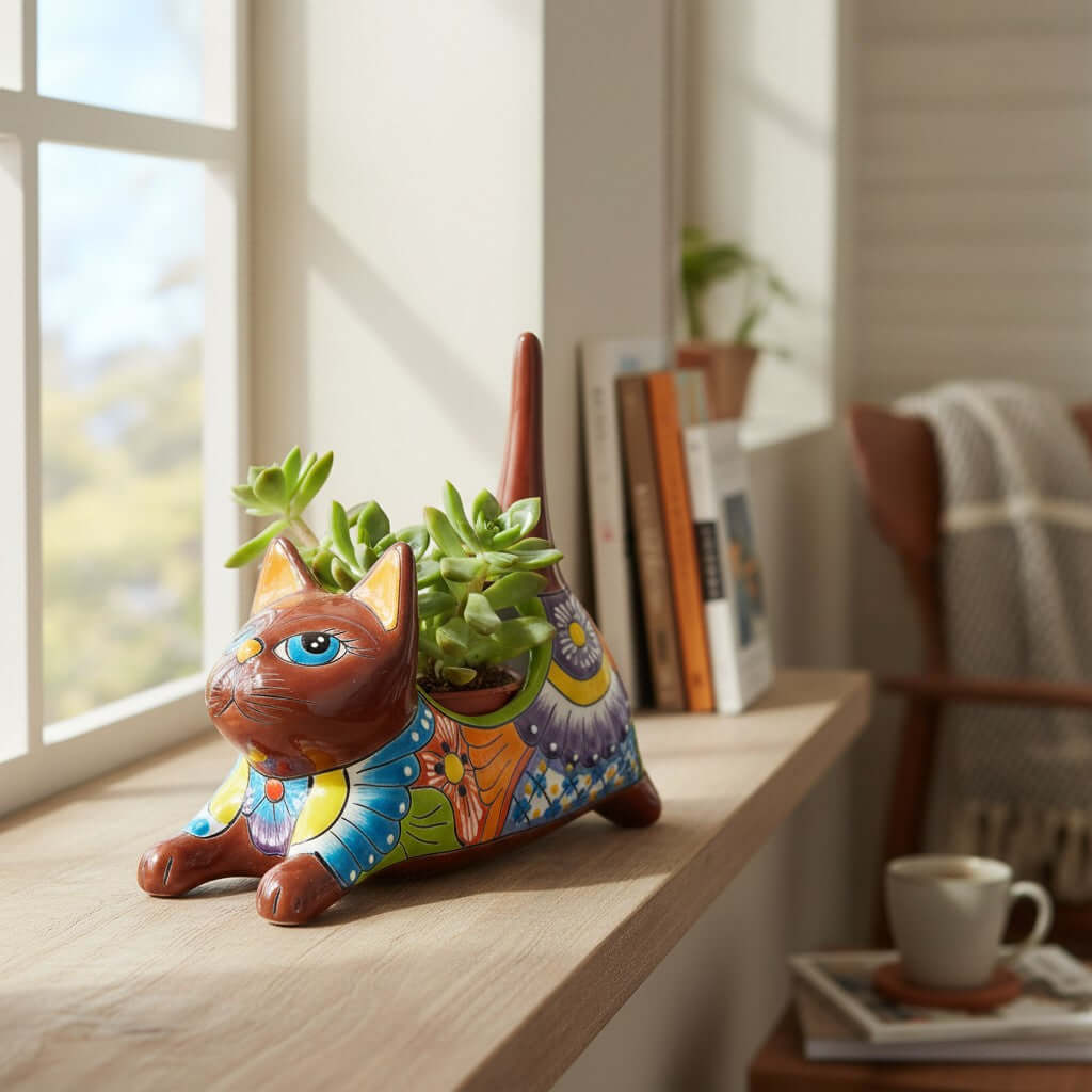 Talavera Cat Planter | Colorful Handcrafted Stretching Animal Pot