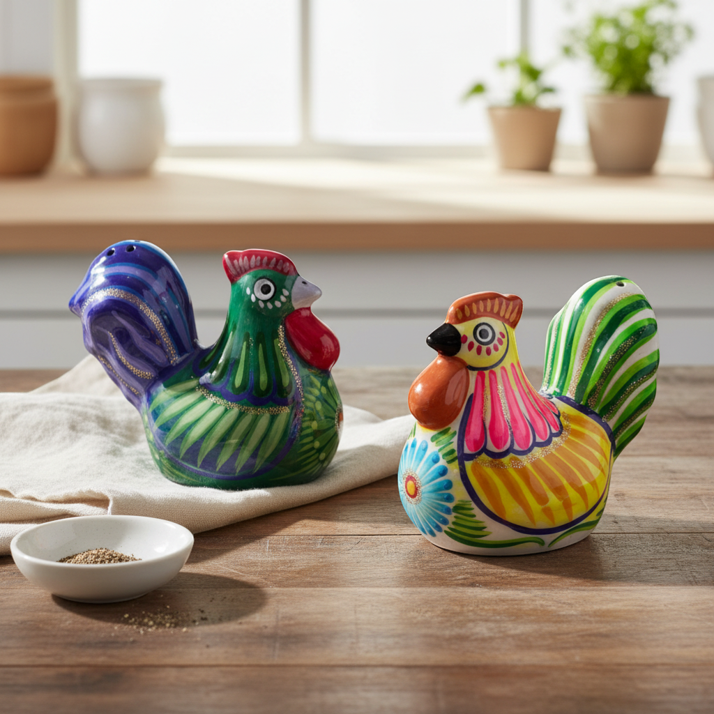 Set of 2 Chicken Salt and Pepper Shakers | Mexican Hand-Painted Guerrero Pottery