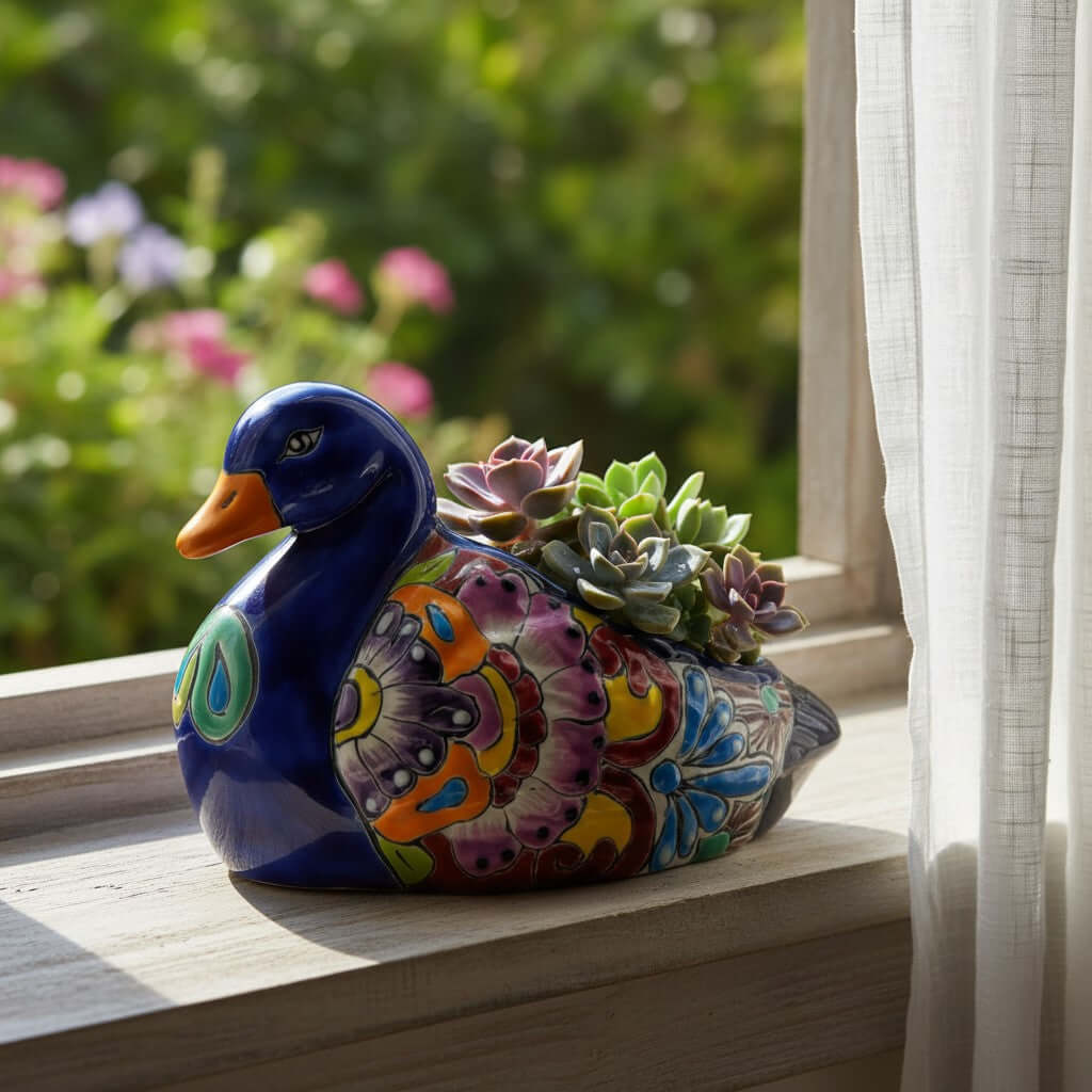 Colorful Talavera Duck Planter | Hand-Painted Mexican Succulent Pottery Art