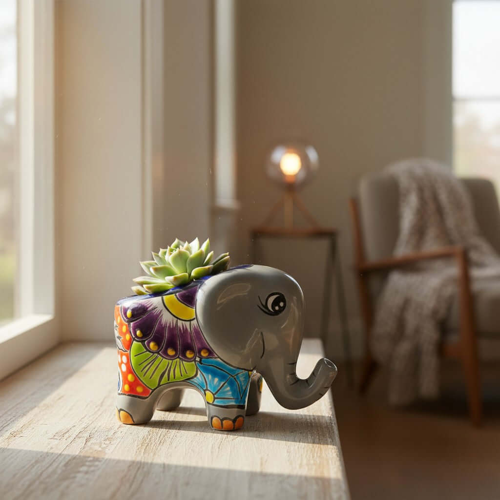 Talavera Elephant Planter | Colorful Hand-Painted Ceramic Animal Pot
