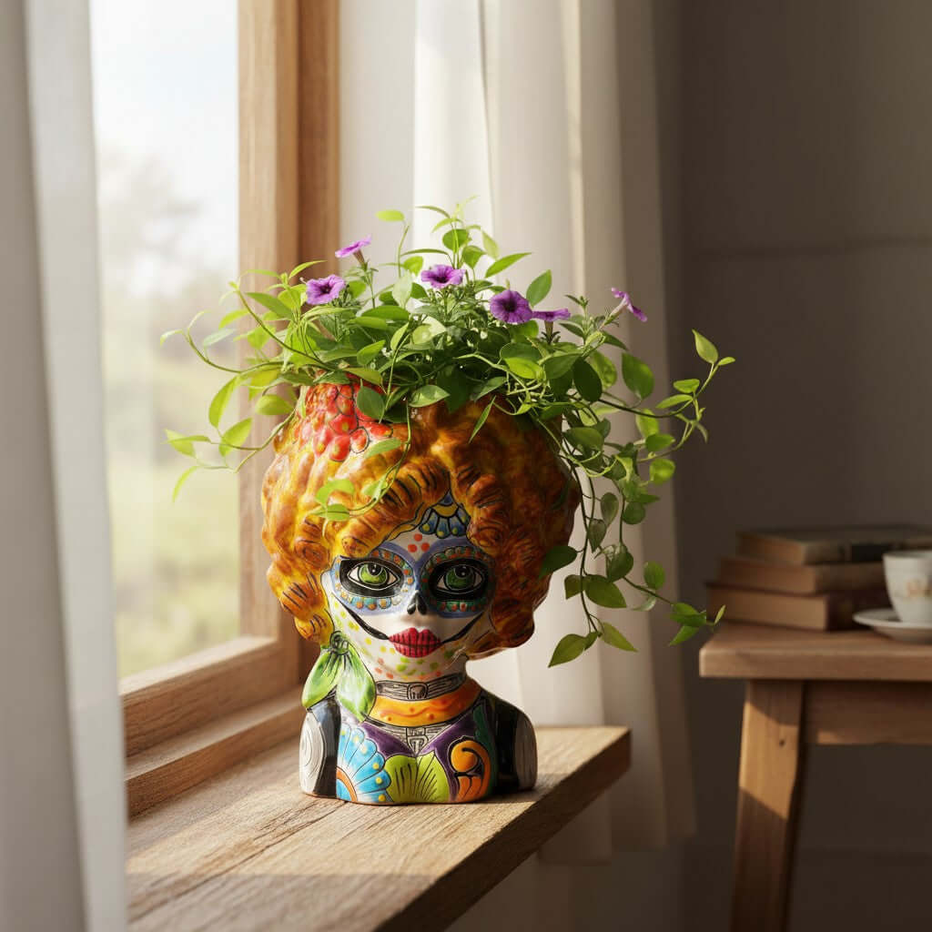 Colorful Talavera Lady Skull Planter | Day of the Dead Decor