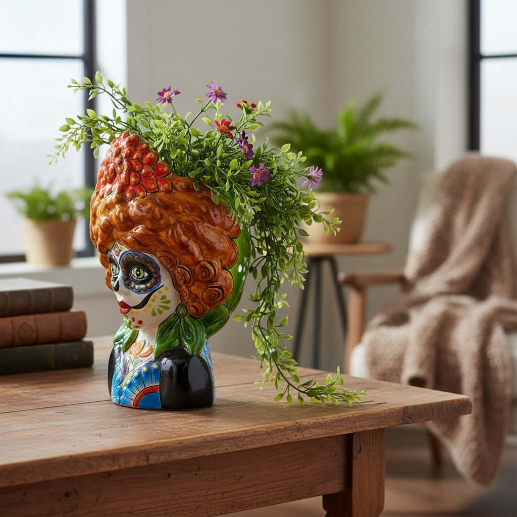 Colorful Talavera Lady Skull Planter | Day of the Dead Decor