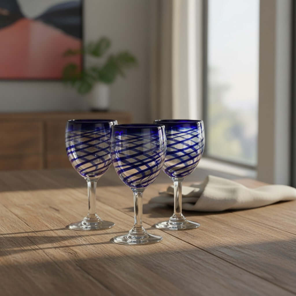 Hand-Blown Mexican Wine Glass | Cobalt Blue Swirl Goblet