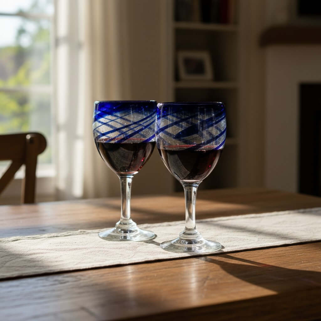 Hand-Blown Mexican Wine Glass | Cobalt Blue Swirl Goblet