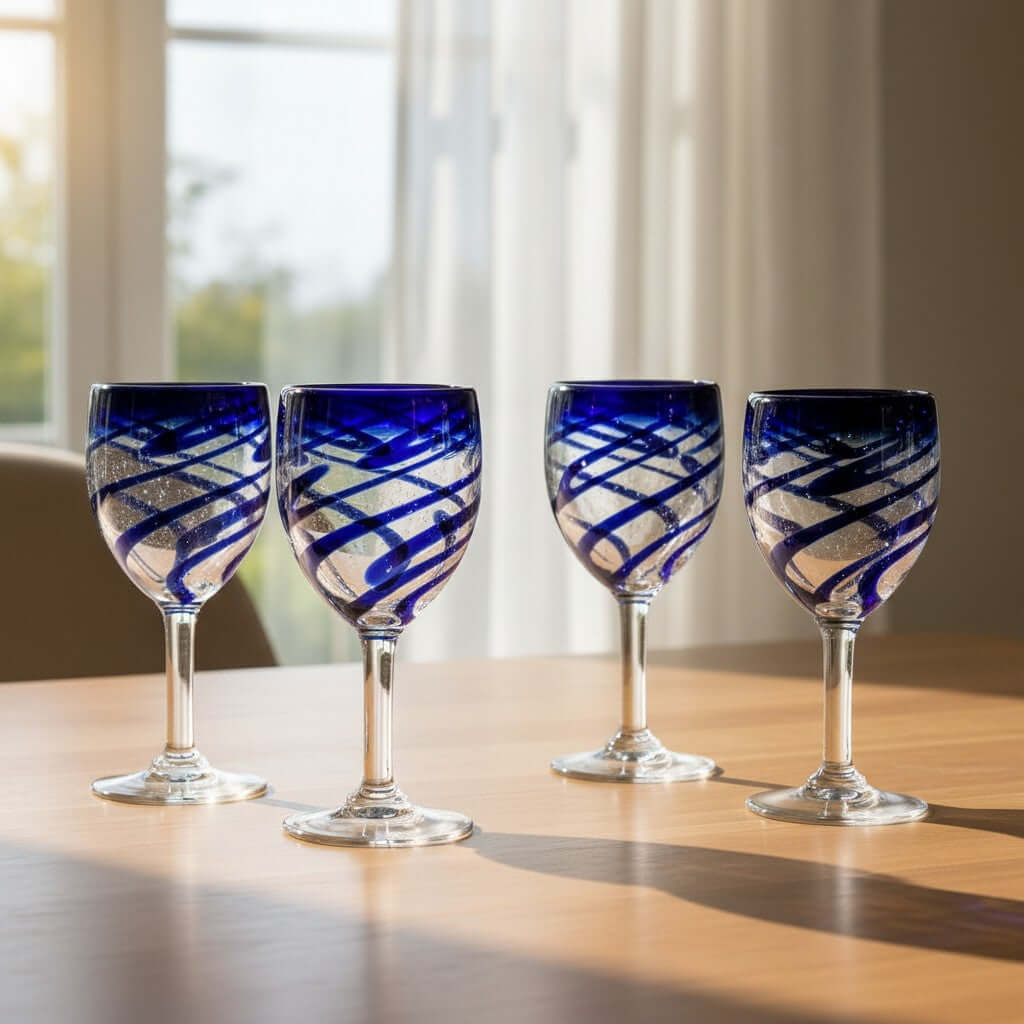 Hand-Blown Mexican Wine Glass | Cobalt Blue Swirl Goblet