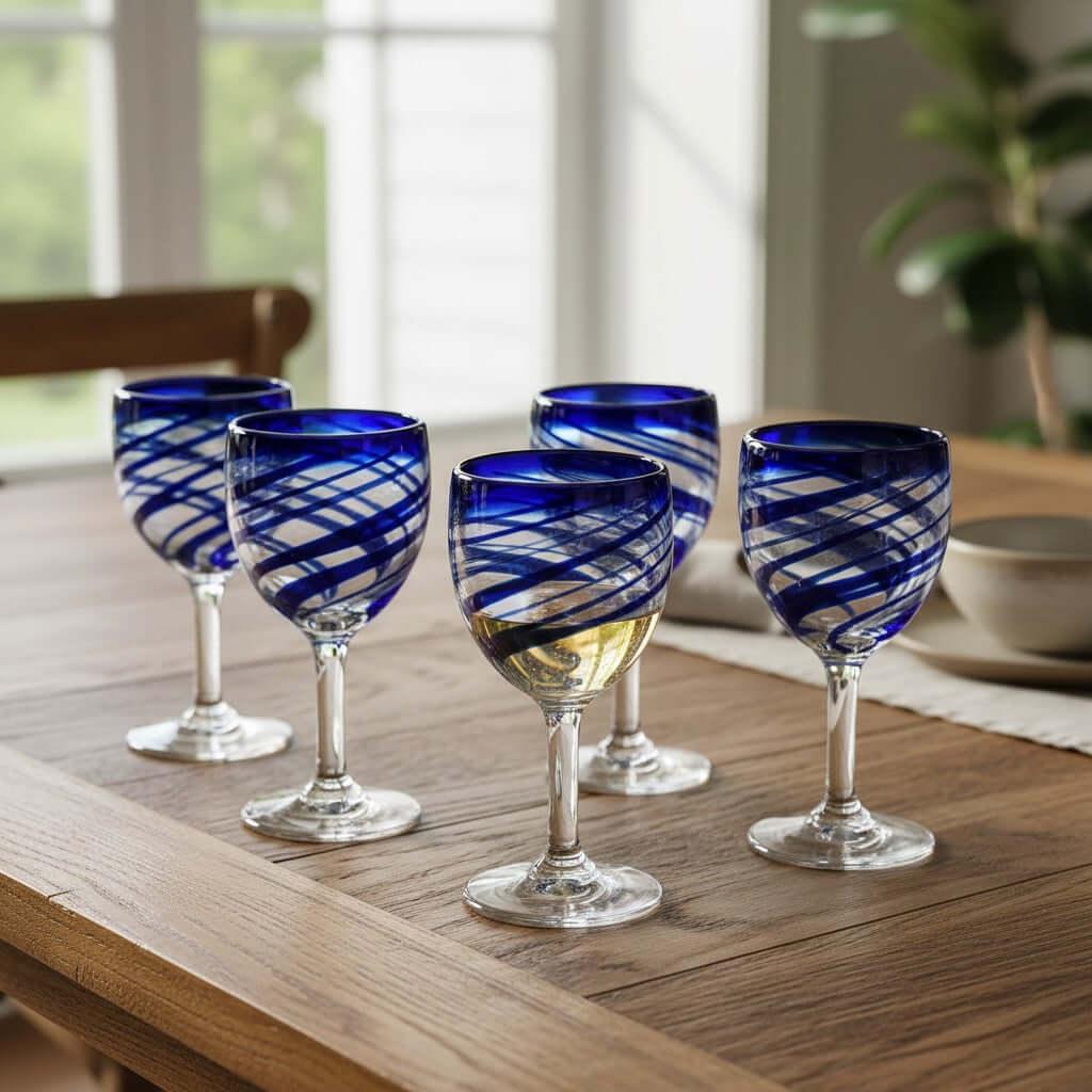 Hand-Blown Mexican Wine Glass | Cobalt Blue Swirl Goblet