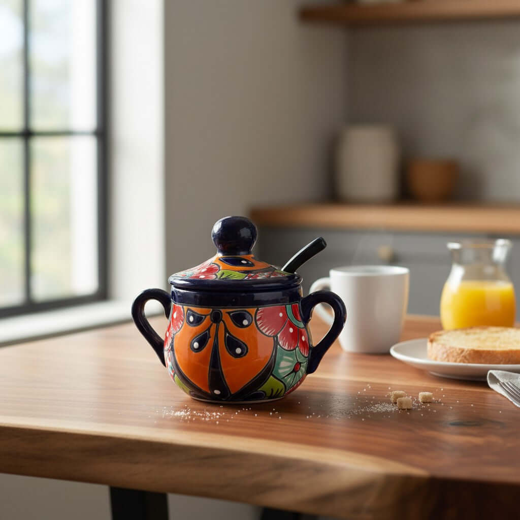 Colorful Talavera Sugar Jar with Spoon | Mexican Pottery Art