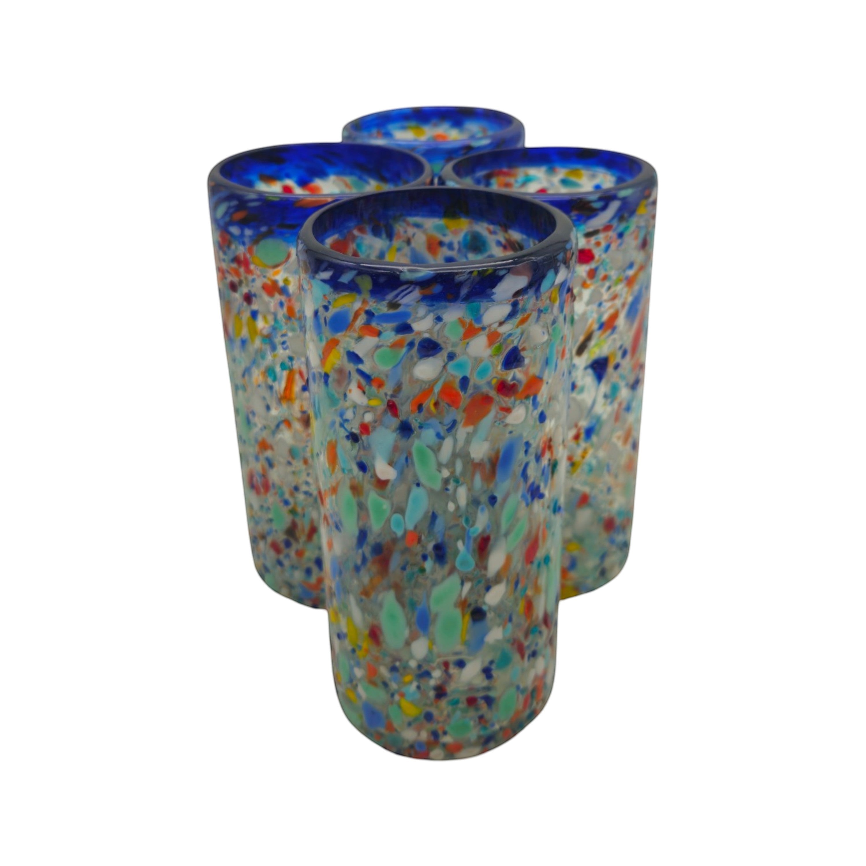 Blue Rim Confetti Pebbled Glass | Hand-Blown Mexican Tumbler