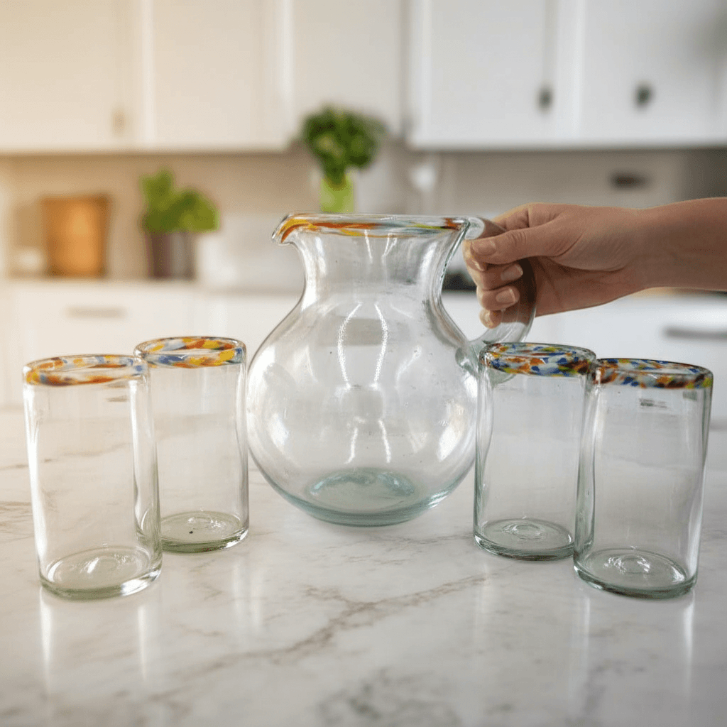 Mexican Hand Blown Glass Pitcher | Confetti Rim