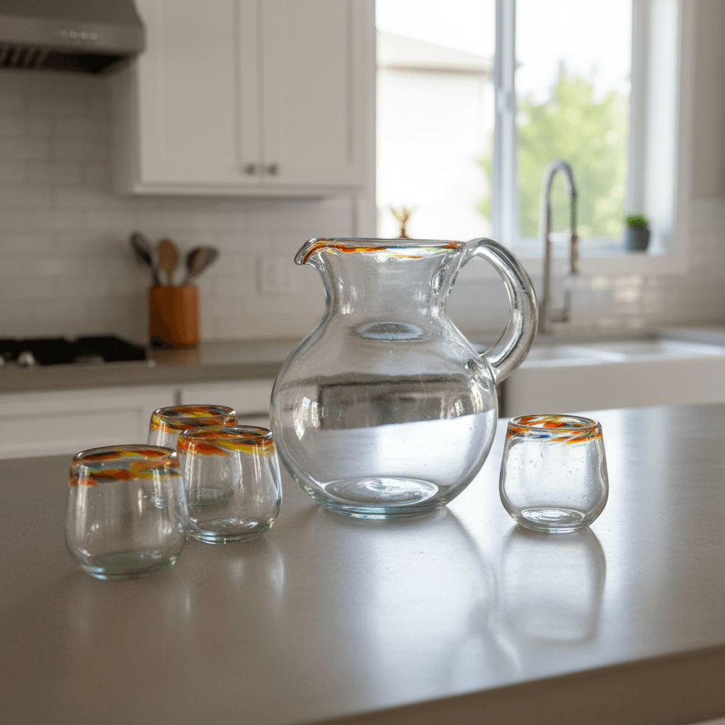 Mexican Hand Blown Glass Pitcher | Confetti Rim