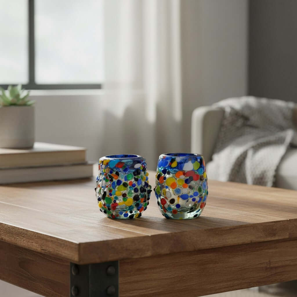Confetti Rimmed Shot Glass | Hand-Blown Mexican Glassware with Blue Rim