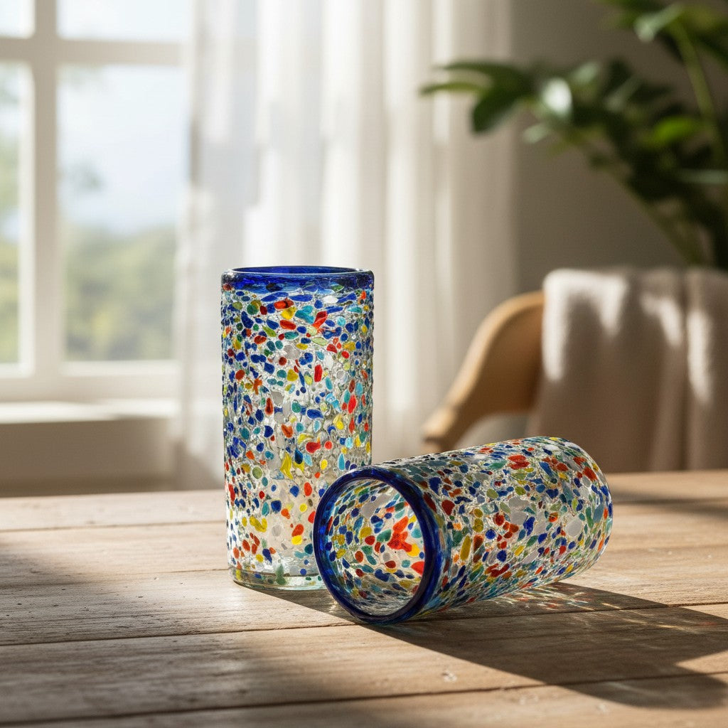 Blue Rim Confetti Pebbled Glass | Hand-Blown Mexican Tumbler