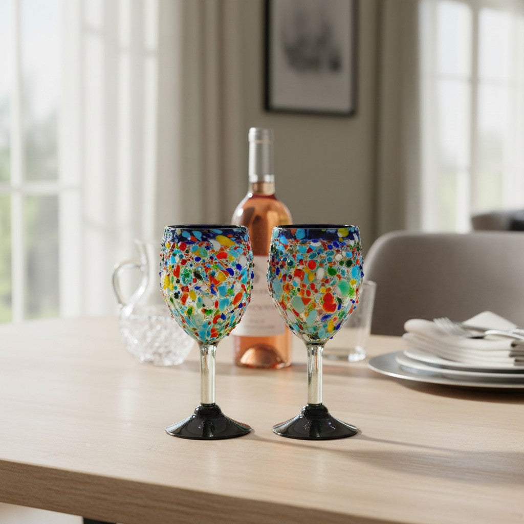 Hand Blown Mexican Wine Glasses | Blue Rim Confetti Design