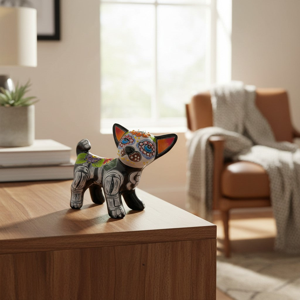 Talavera Chihuahua Figurine | Hand-Painted Day of the Dead Art