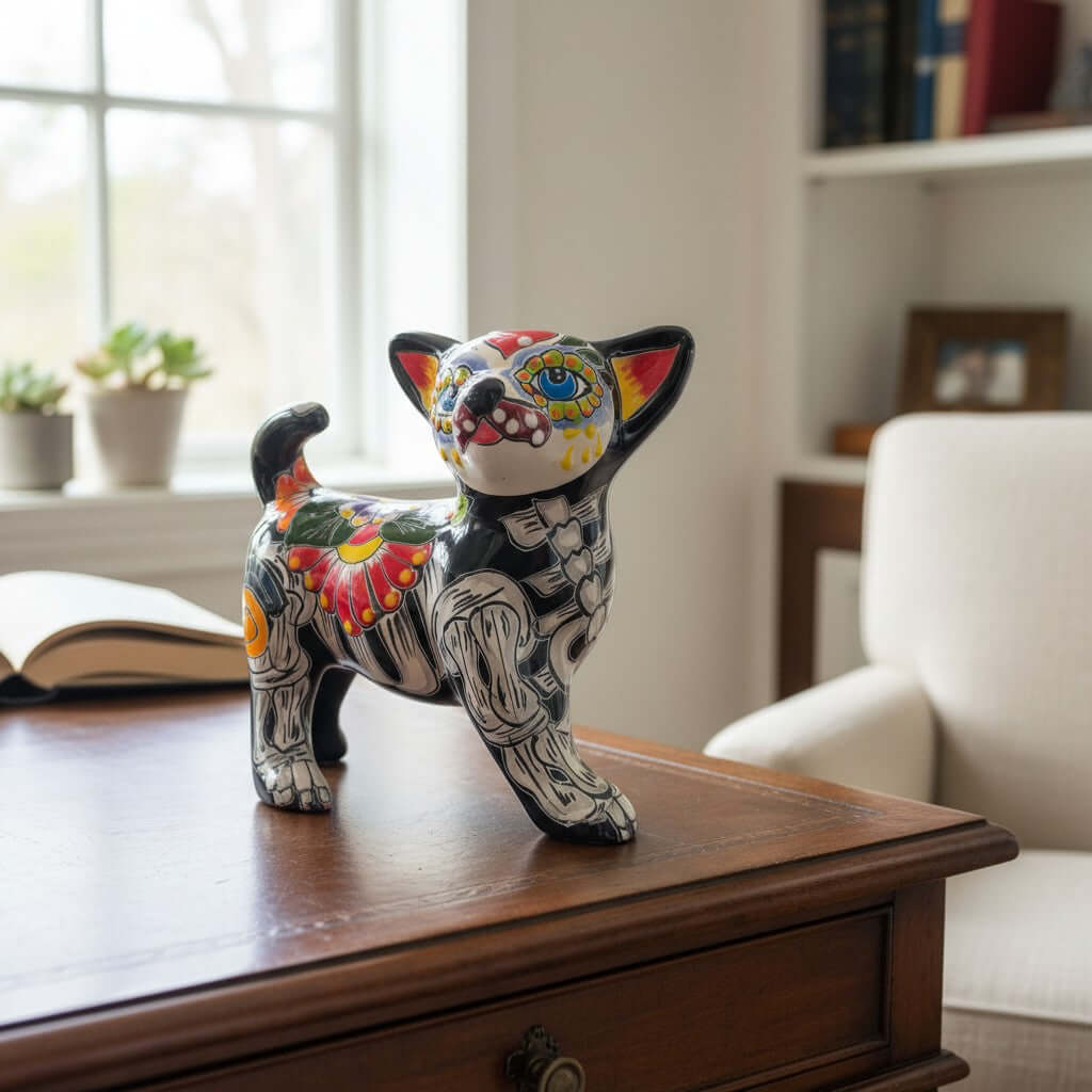 Talavera Chihuahua Figurine | Hand-Painted Day of the Dead Art