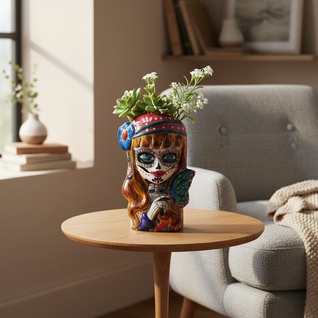 Talavera Butterfly Skull Planter | Handcrafted Day of the Dead Ceramic Pot