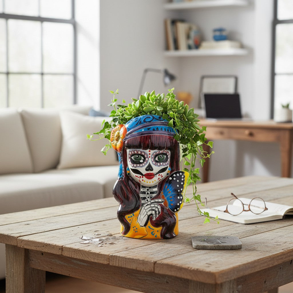Talavera Butterfly Skull Planter | Handcrafted Day of the Dead Ceramic Pot