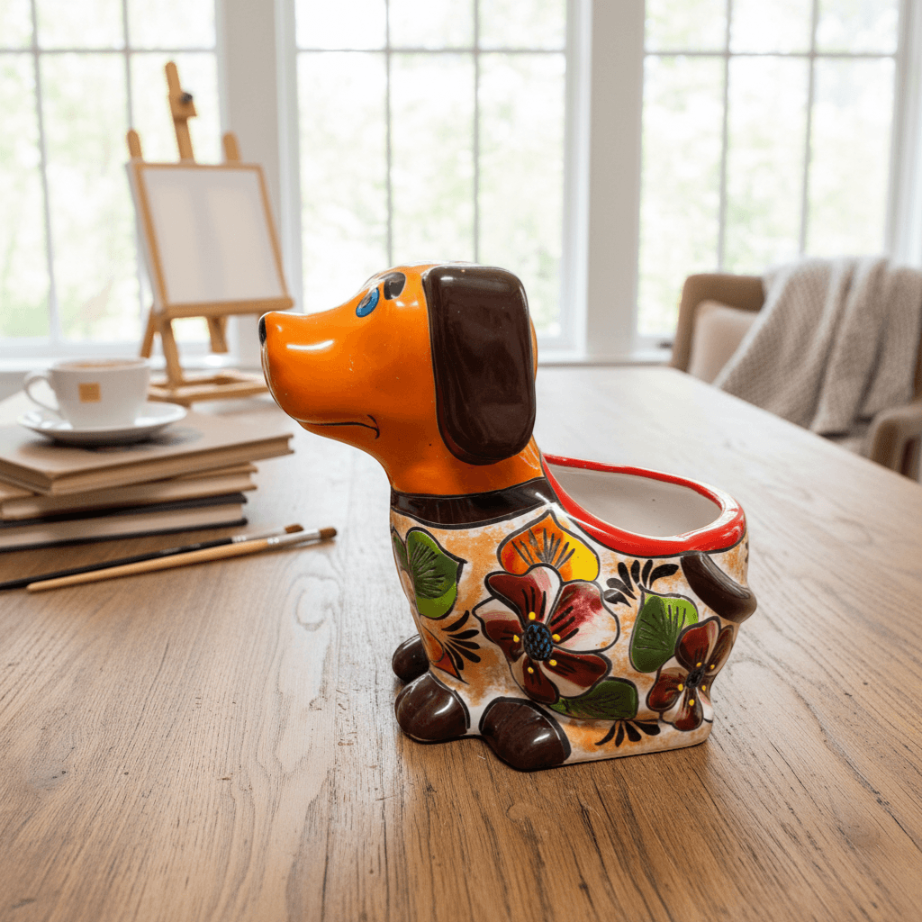Mexican Handmade Dog Planter | Colorful Hand-Painted Talavera Dog Planter (Medium Size)