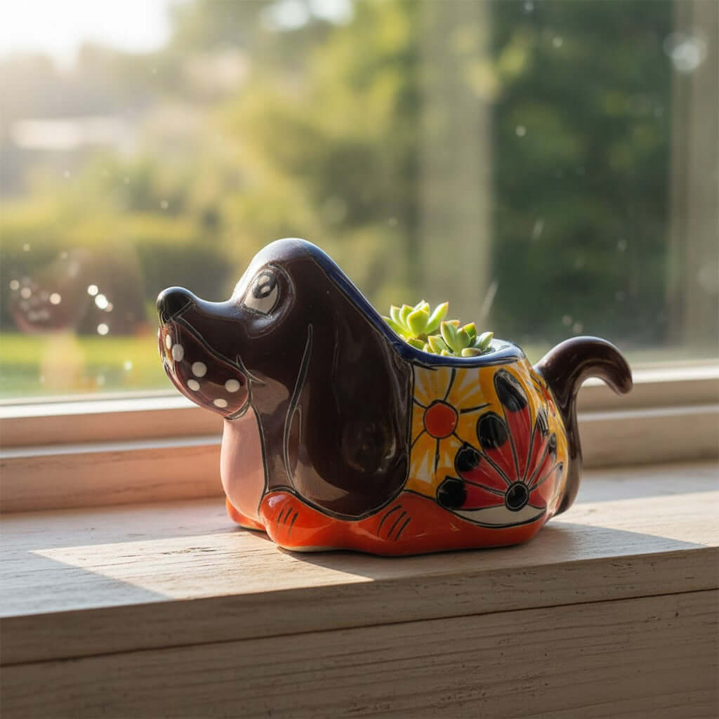 Vibrant Hand-Painted Talavera Dog Planter | Small Mexican Animal Pottery