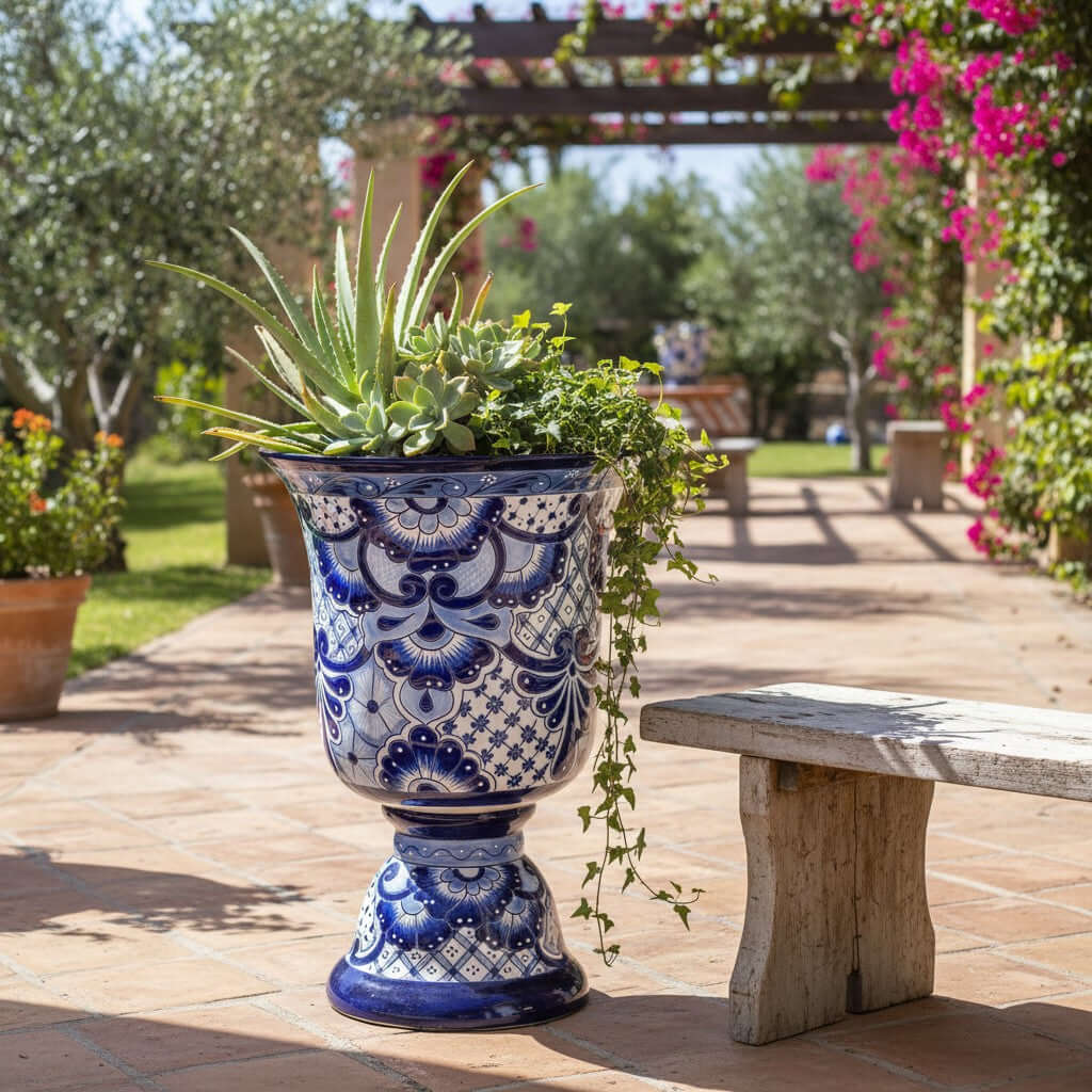 XL Talavera Planter | Hand-Painted Blue Pedestal Flower Pot