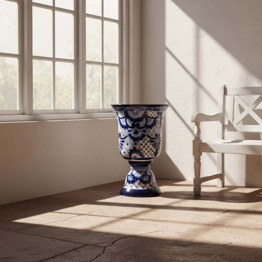 XL Talavera Planter | Hand-Painted Blue Pedestal Flower Pot