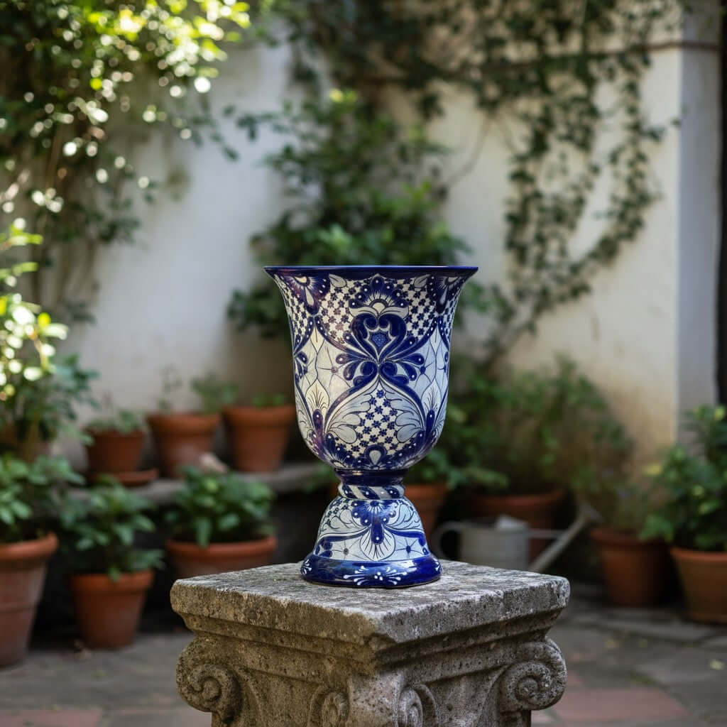XL Talavera Planter | Hand-Painted Blue Pedestal Flower Pot