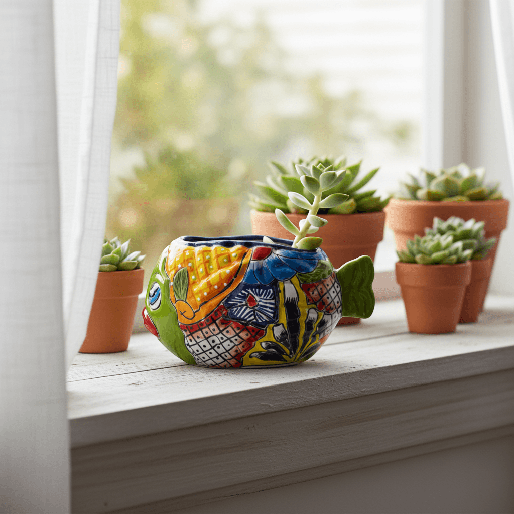 Small Talavera Fish Planter | Colorful Hand-Painted Mexican Statue Pottery