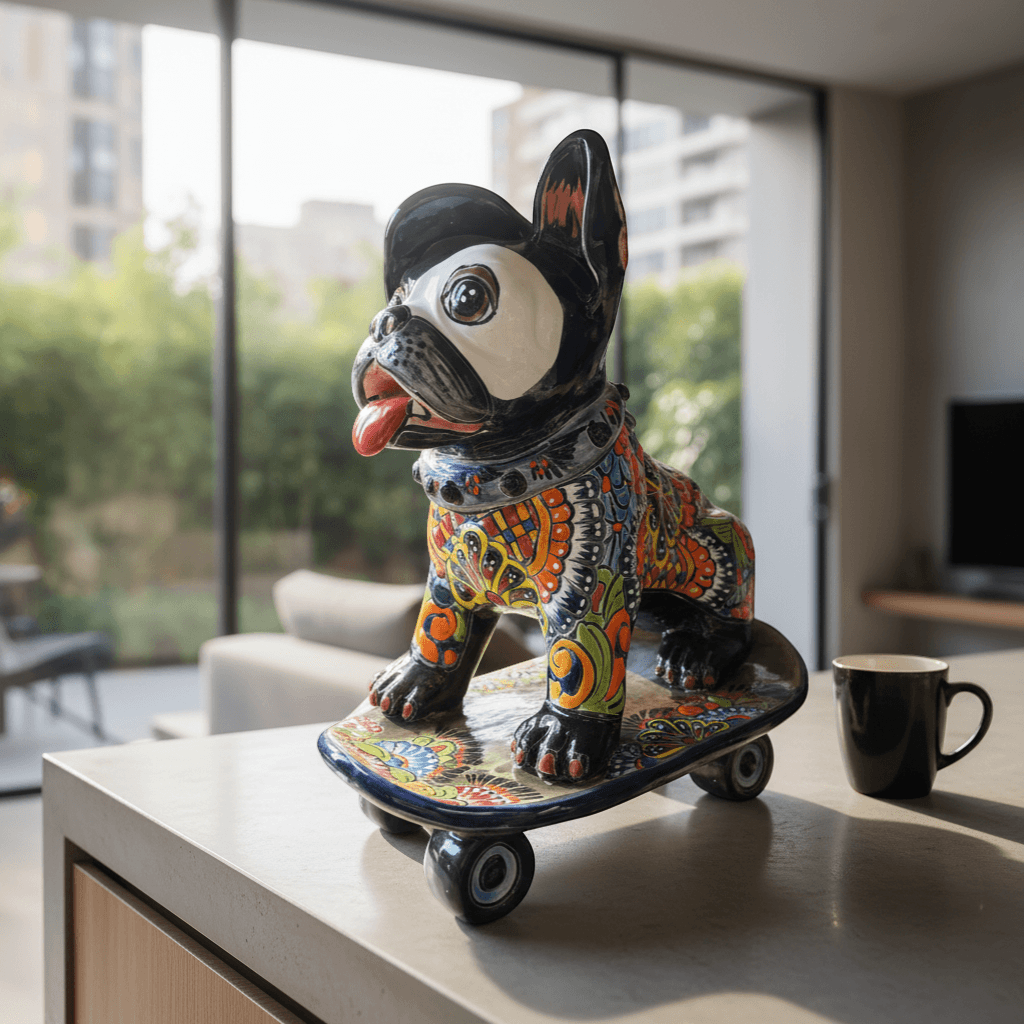 Talavera Frenchie Statue | Colorful Skateboarding Bulldog Art