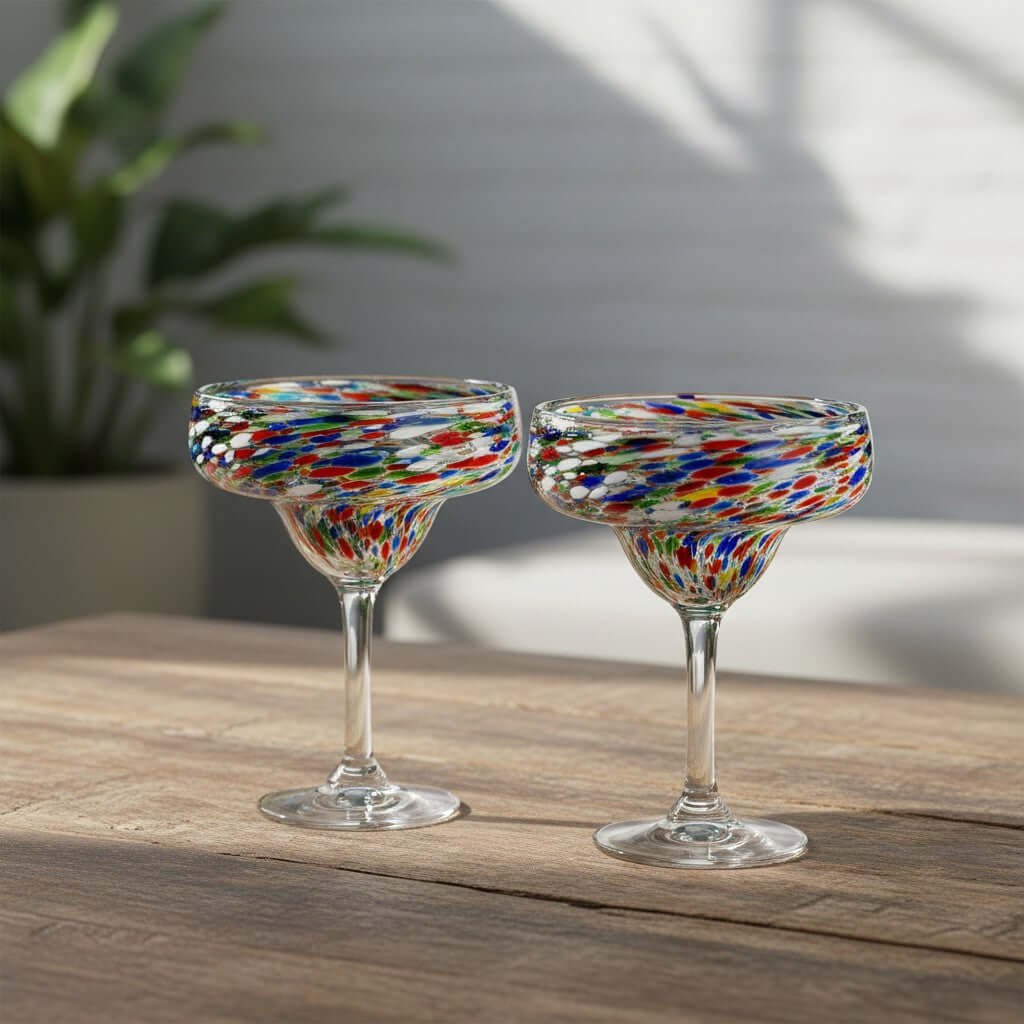 Hand Blown Mexican Margarita Glass | Colorful Pebbled Confetti Design