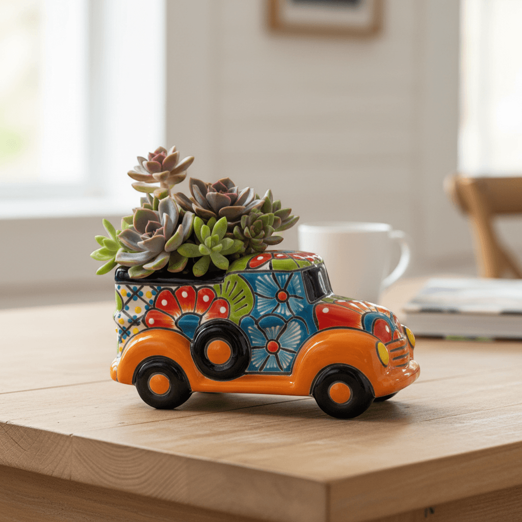 Hand-Painted Talavera Car Planter | Colorful Ceramic Car Statue (Small)