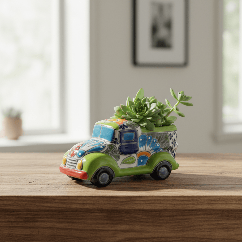 Hand-Painted Talavera Car Planter | Colorful Ceramic Car Statue (Small)