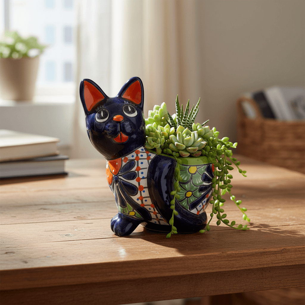 Handmade Cat Planter | Hand Painted Cat Talavera Artwork (Medium Size)