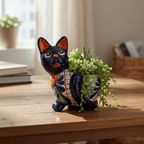 Handmade Cat Planter | Hand Painted Cat Talavera Artwork (Medium Size)