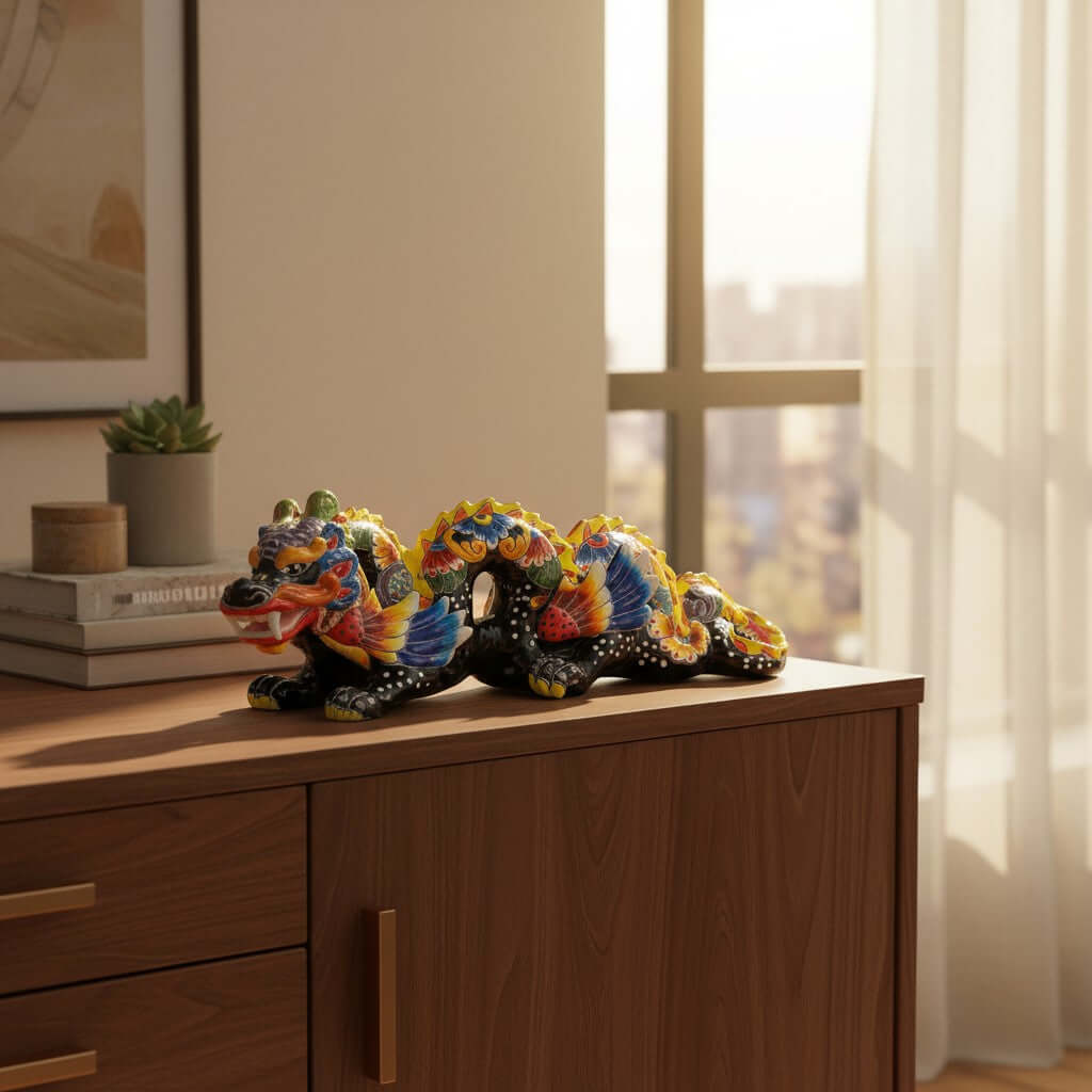 Handmade Talavera Dragon Statue | Vibrant Mexican Cultural Art