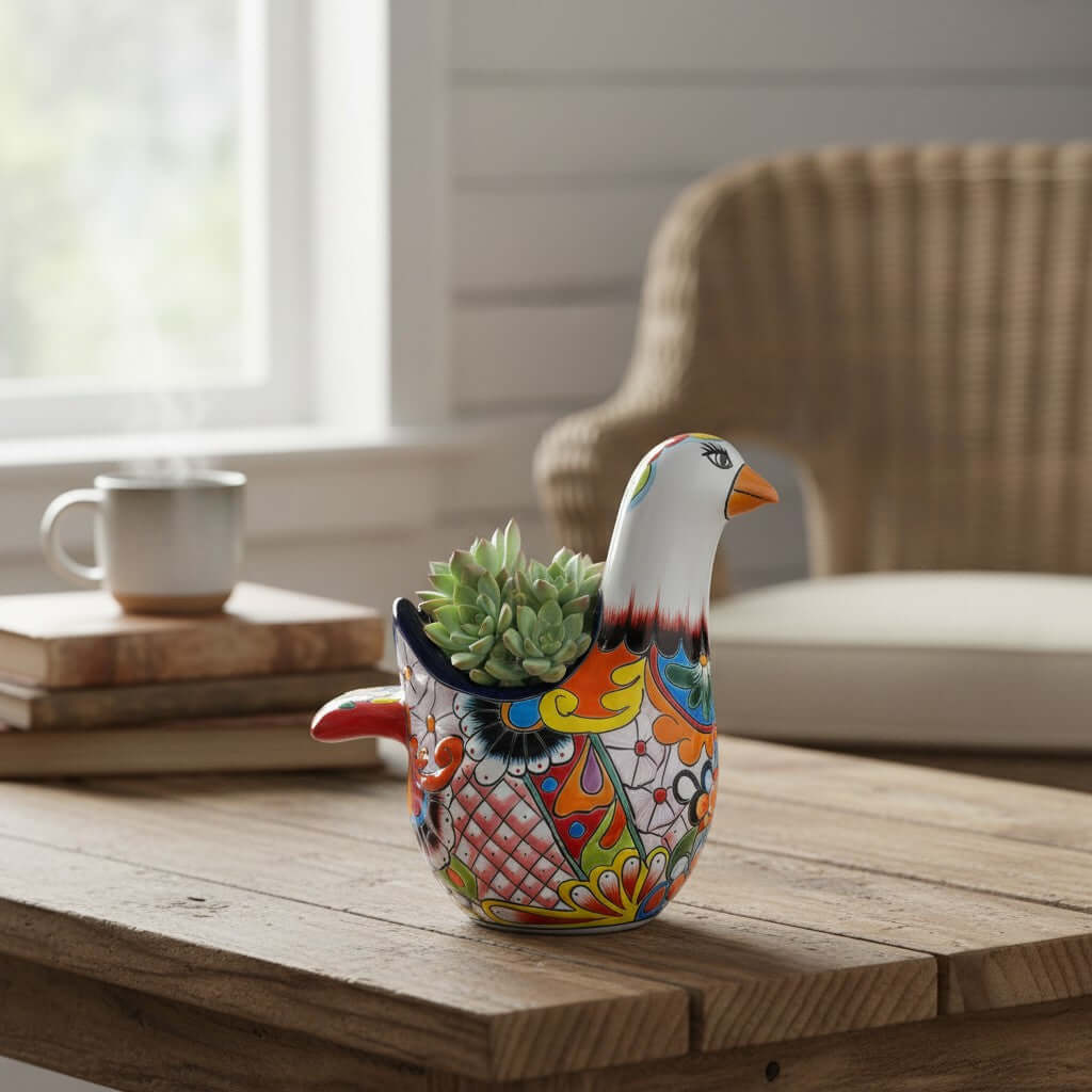 Vibrant Talavera Dove Planter | Colorful Mexican Ceramic Bird Statue (Large)