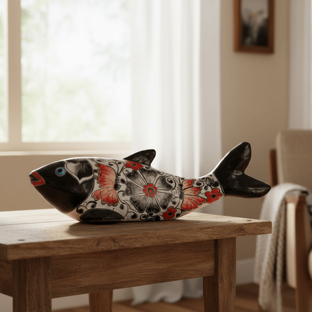 Handmade Talavera Fish Statue | Large Colorful Cultural Art