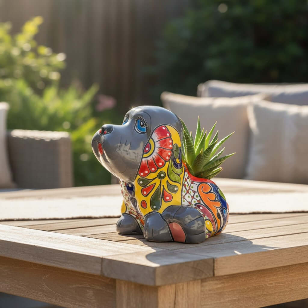 Vibrant Handmade Talavera Dog Statue | Colorful Mexican Canine Art (Medium)