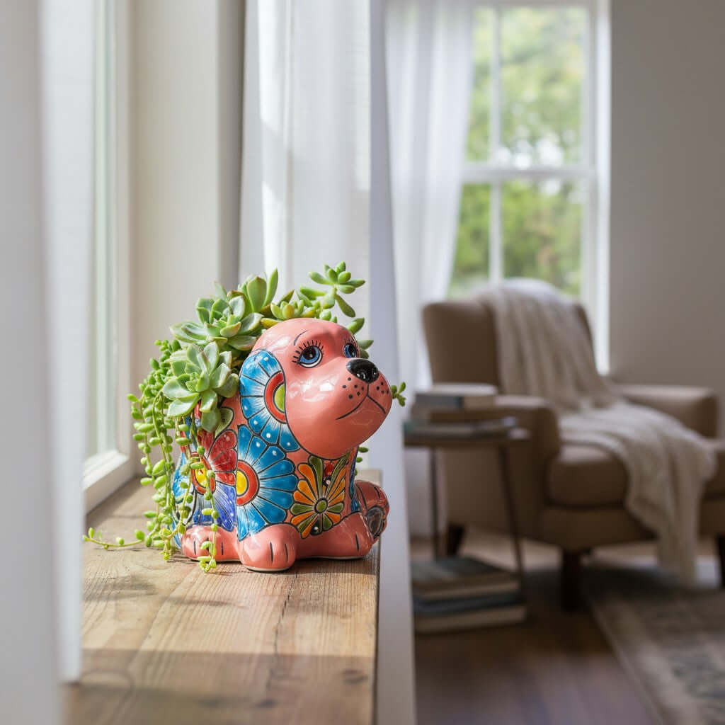 Vibrant Handmade Talavera Dog Statue | Colorful Mexican Canine Art (Medium)