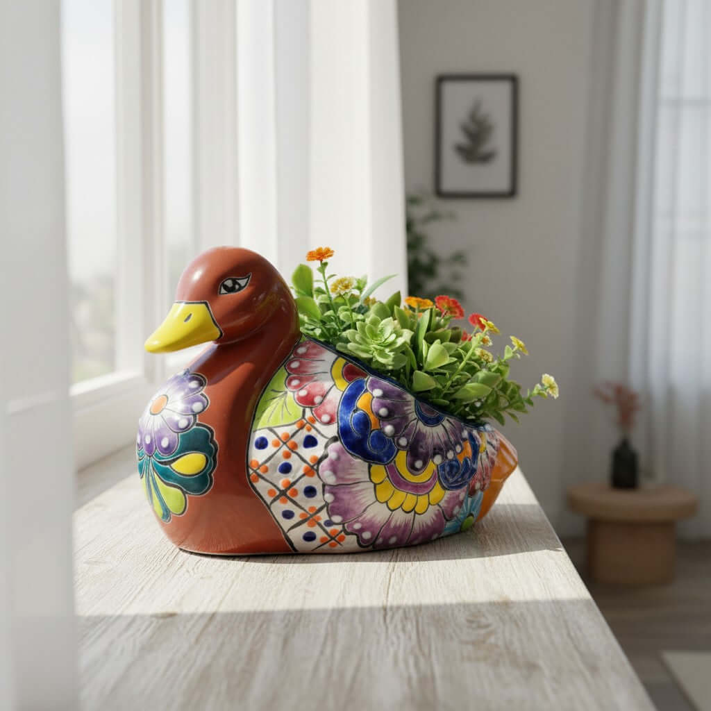 Colorful Talavera Duck Planter | Hand-Painted Mexican Succulent Pottery Art