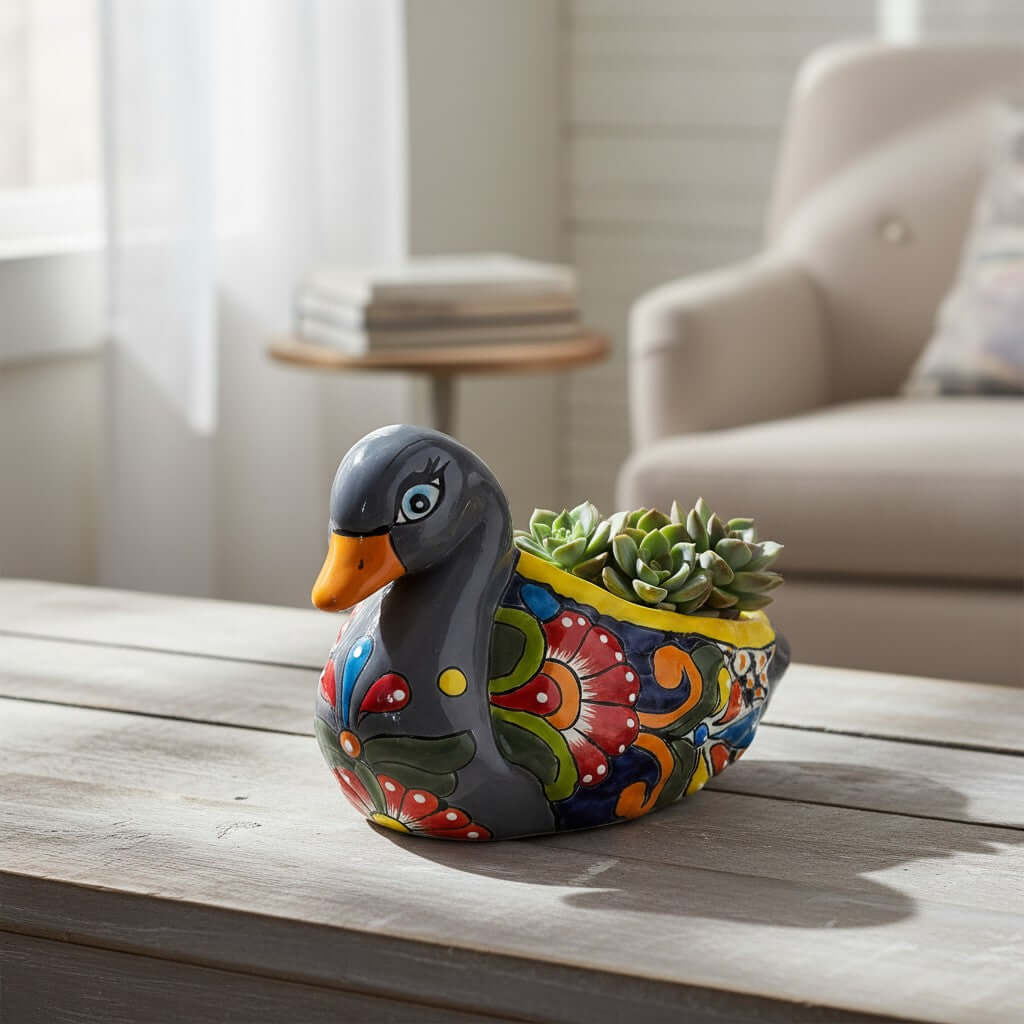 Colorful Talavera Duck Planter | Hand-Painted Mexican Succulent Pottery Art