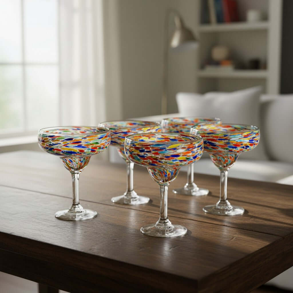Hand Blown Mexican Margarita Glass | Colorful Pebbled Confetti Design