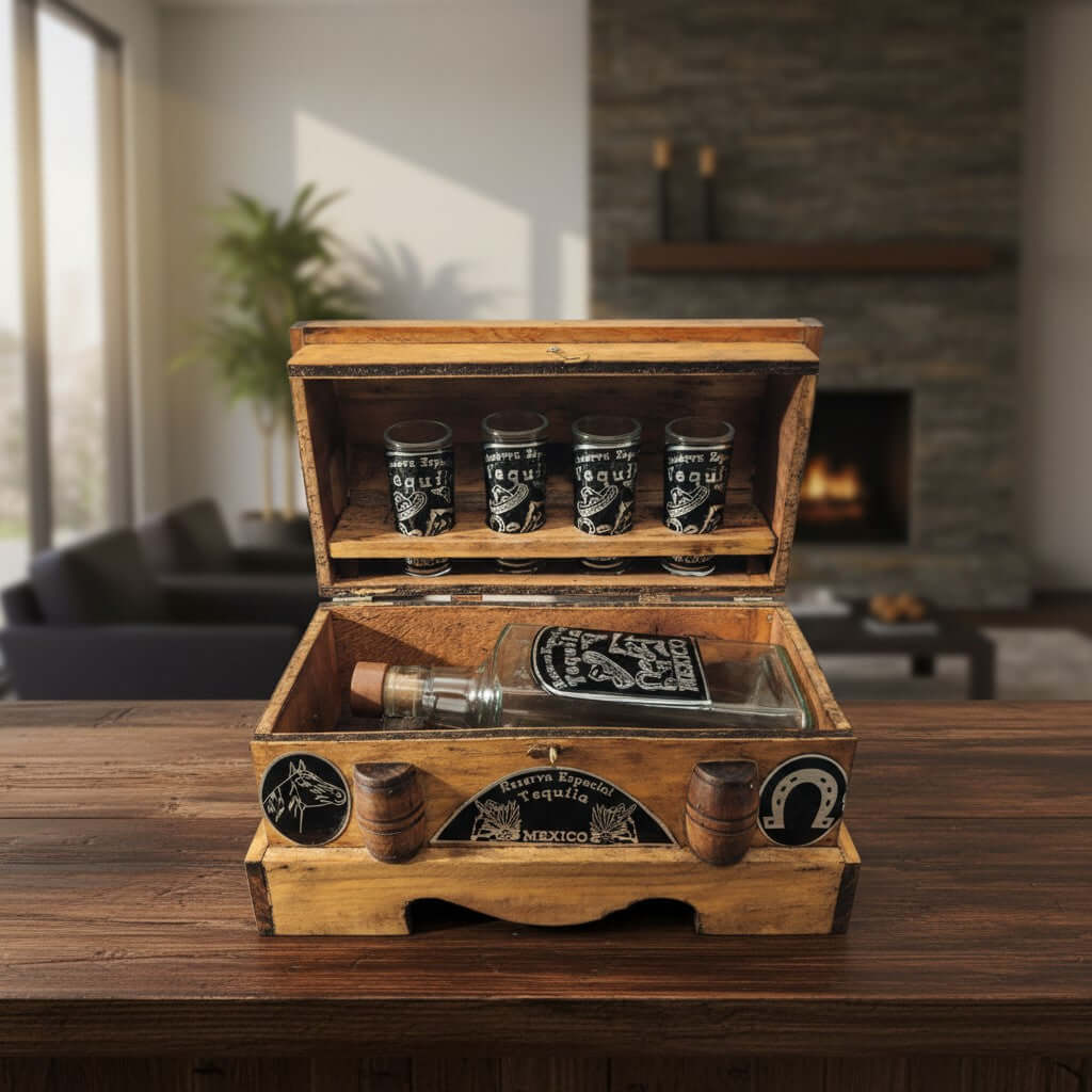 Mexican Shot Glass & Decanter Set | Rustic Wood Chest