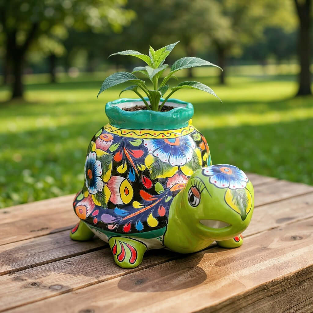 Vibrant Talavera Turtle Planter | Colorful Hand-Painted Mexican Pottery (Medium)