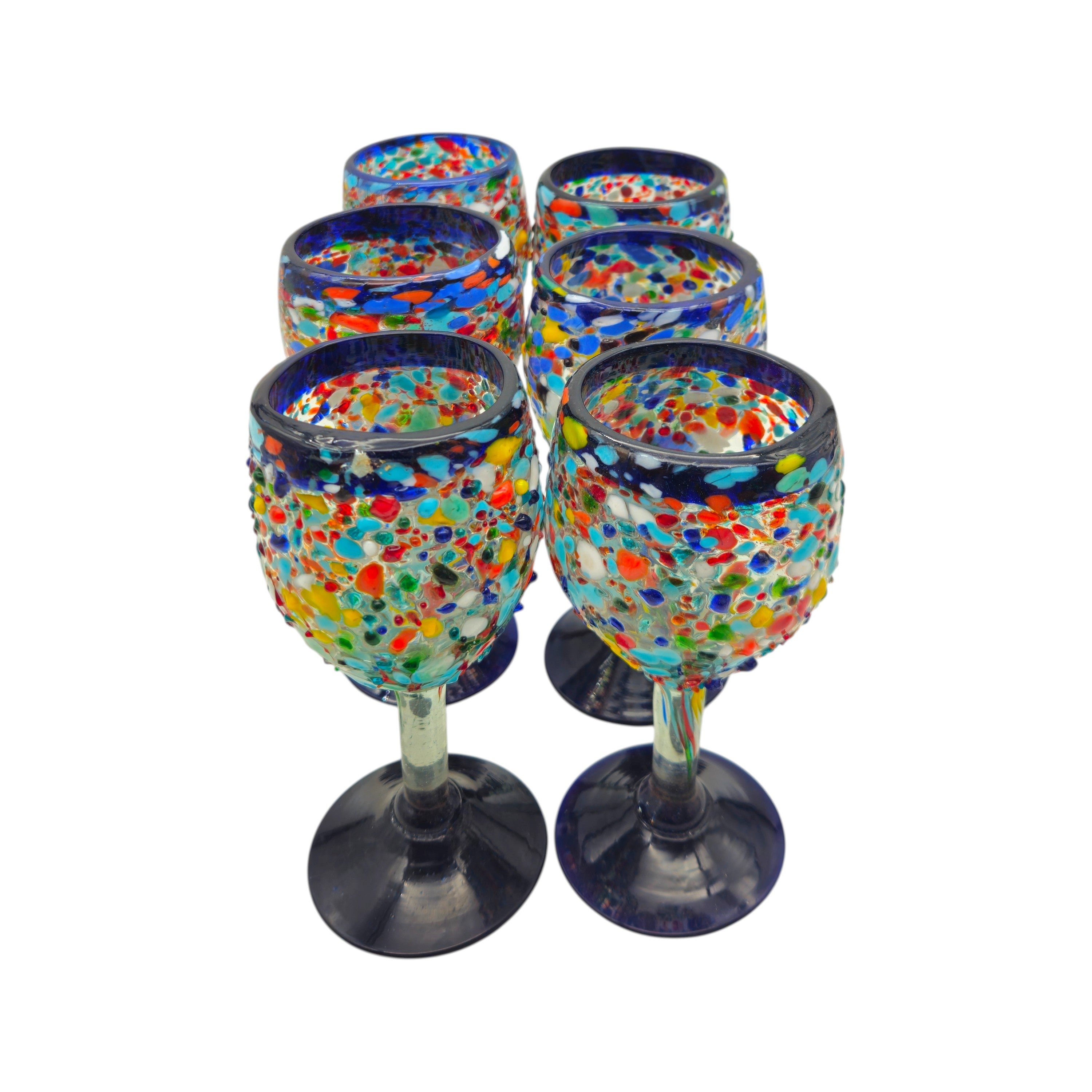 Hand Blown Mexican Wine Glasses | Blue Rim Confetti Design