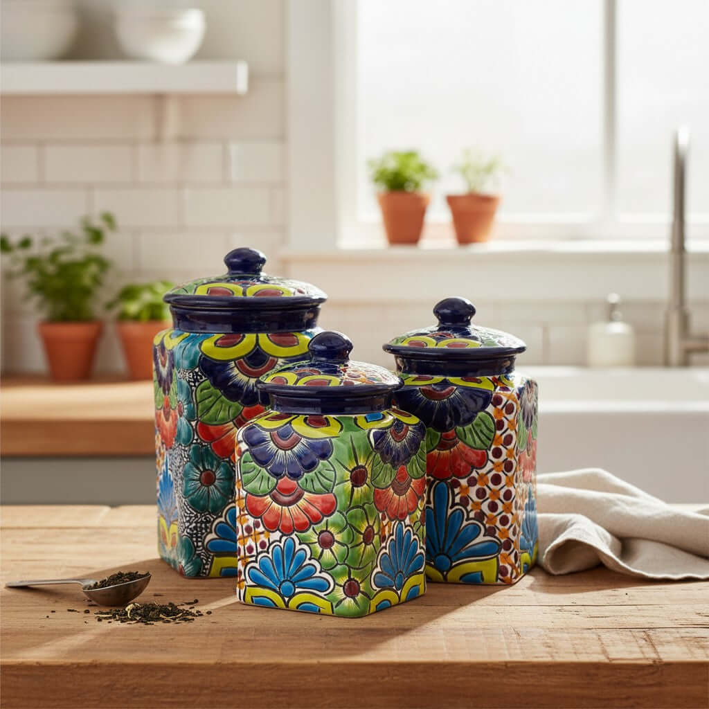 Blue Rim Talavera Canister Set | Multicolor Mexican Pottery Jars